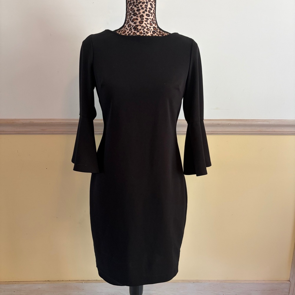 Calvin‎ Klein Womens Black Bell Sleeve Sheath Dress Boat Neck Gold Zip 8P Petite